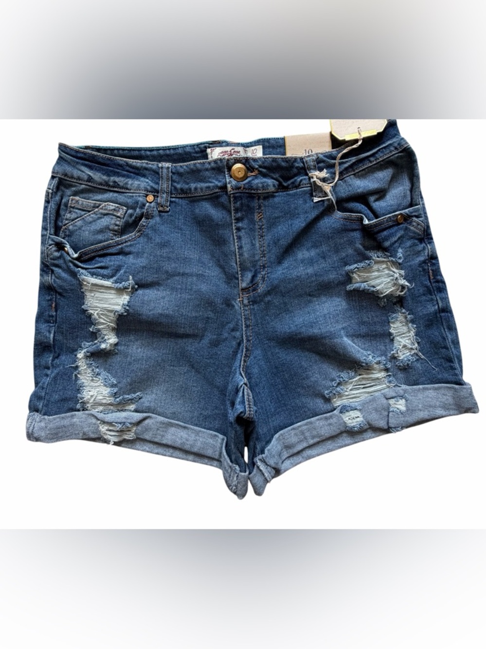 One 5 One Distressed Denim Shorts Cuffed Hem Mid Rise Size 10 NWT